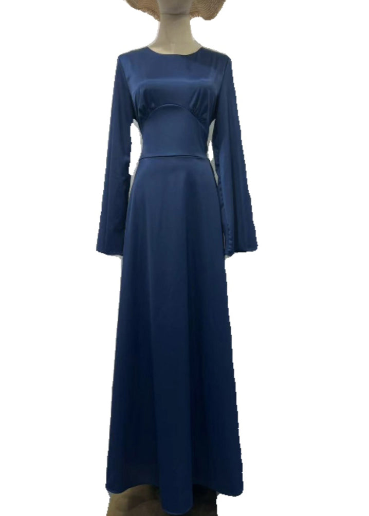 Robe longue en soie bleu marine à col rond et lacets, coupe ajustée, automne WO057