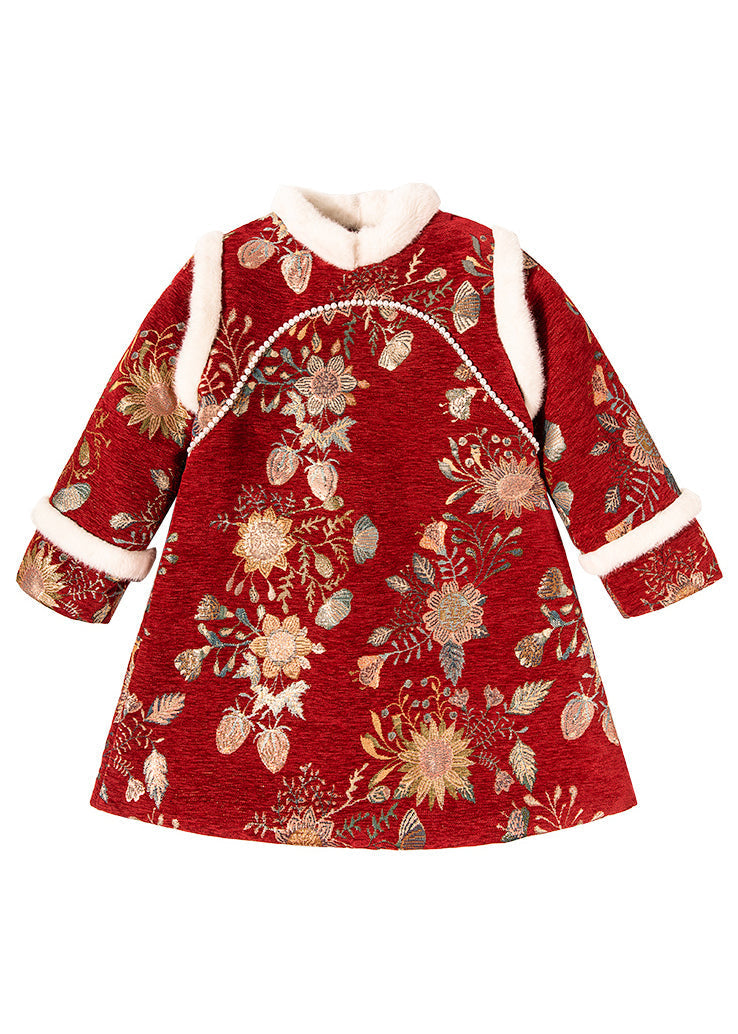 Robe longue d'hiver pour enfant avec col en fourrure rouge fine imprimée TR008