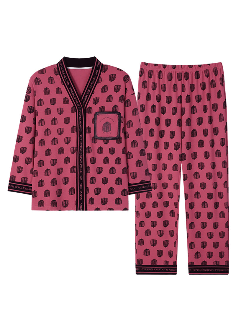 Ensemble deux pièces en coton imprimé à col en V et à fines rayures Printemps XS1021