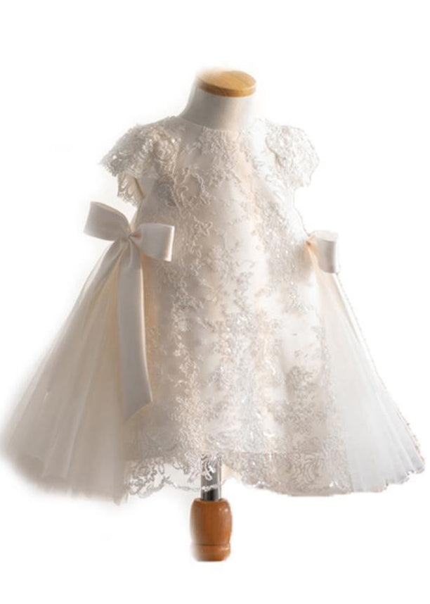 Robe longue en tulle et dentelle blanche fine pour fille, manches courtes, YS021