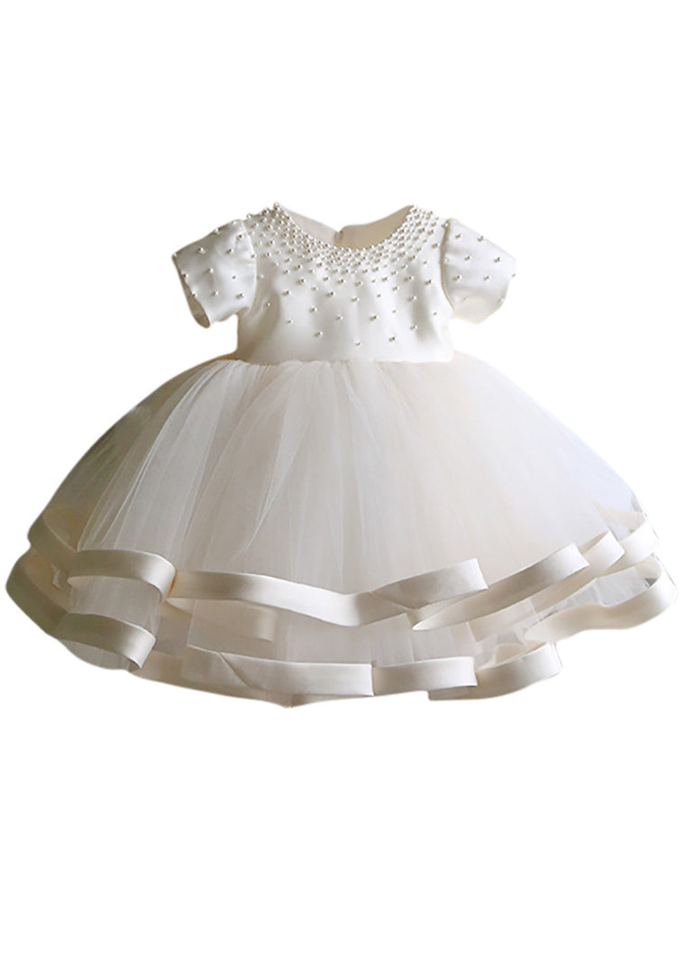 Robe longue à manches courtes en tulle perlé blanc fin pour enfant, patchwork, YS040