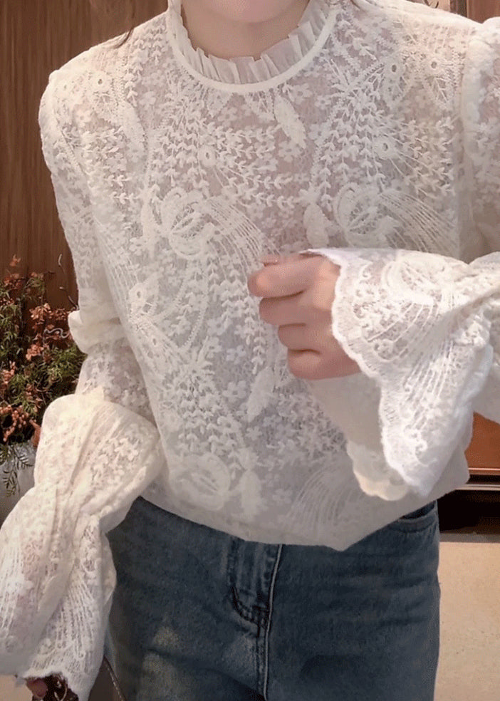 Flare White Fine Sleeve Embroidered Collar Shirts Stand Lace