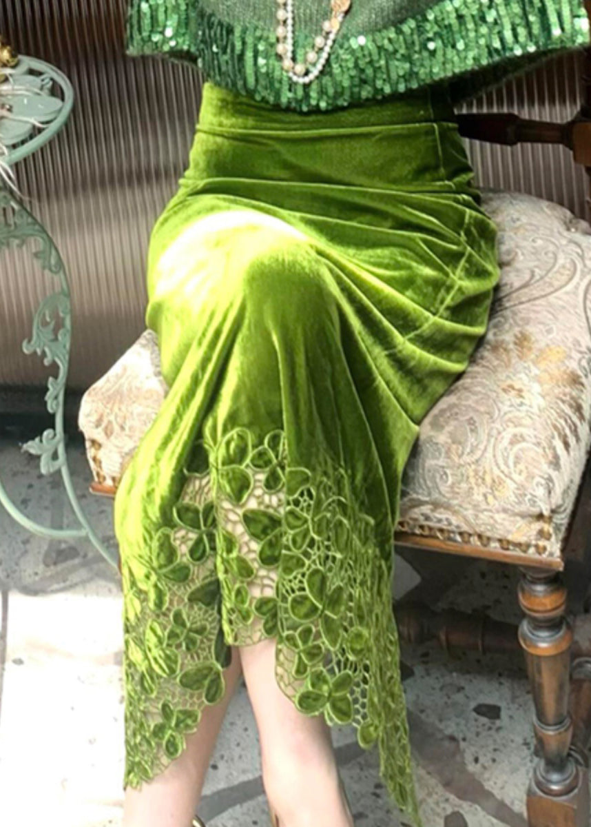 Ensemble deux pièces ajusté en tricot vert et jupe en velours, automne WP035