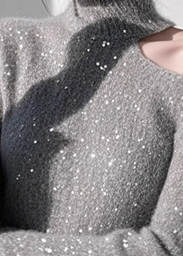 Pull en tricot gris ajusté à épaules dénudées et paillettes, printemps TN041