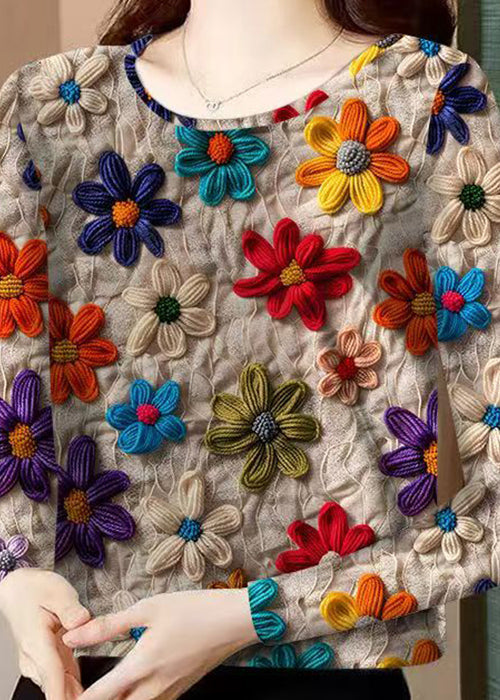 Floral Khaki O Neck Patchwork Baumwolle T Shirt Herbst RK035