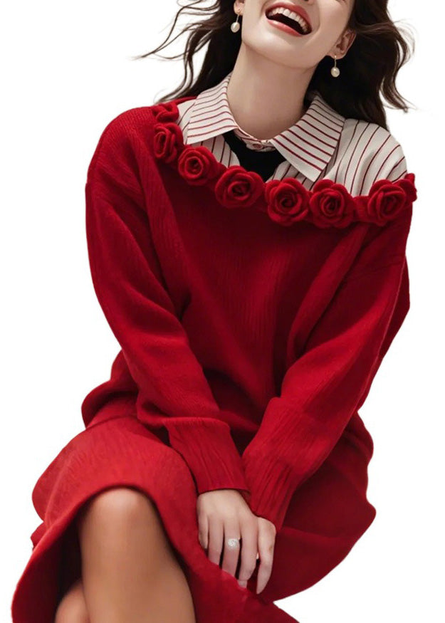 Florales rotes Slash-Ausschnitt-Strickpulloverkleid Herbst QS015