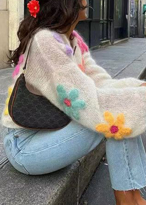 Floral Weiß Taste Aushöhlen Wolle Stricken Strickjacken Winter WK045