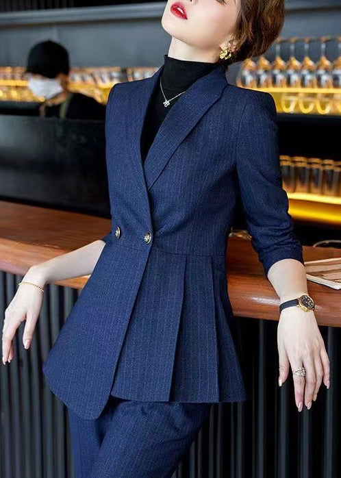 Manteau formel bleu marine à carreaux froissés, coupe ajustée, printemps YJ054
