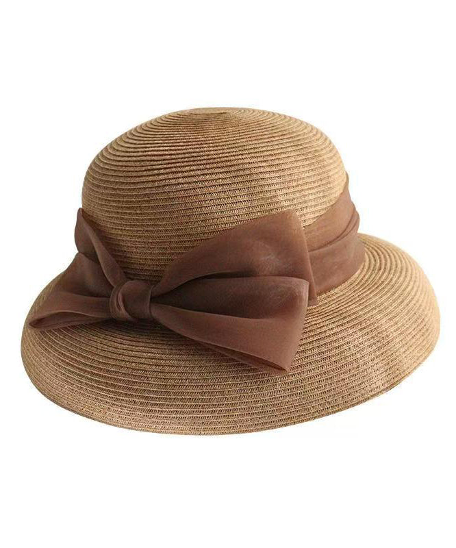 Hat Woven Bucket Apricot Straw Bow French