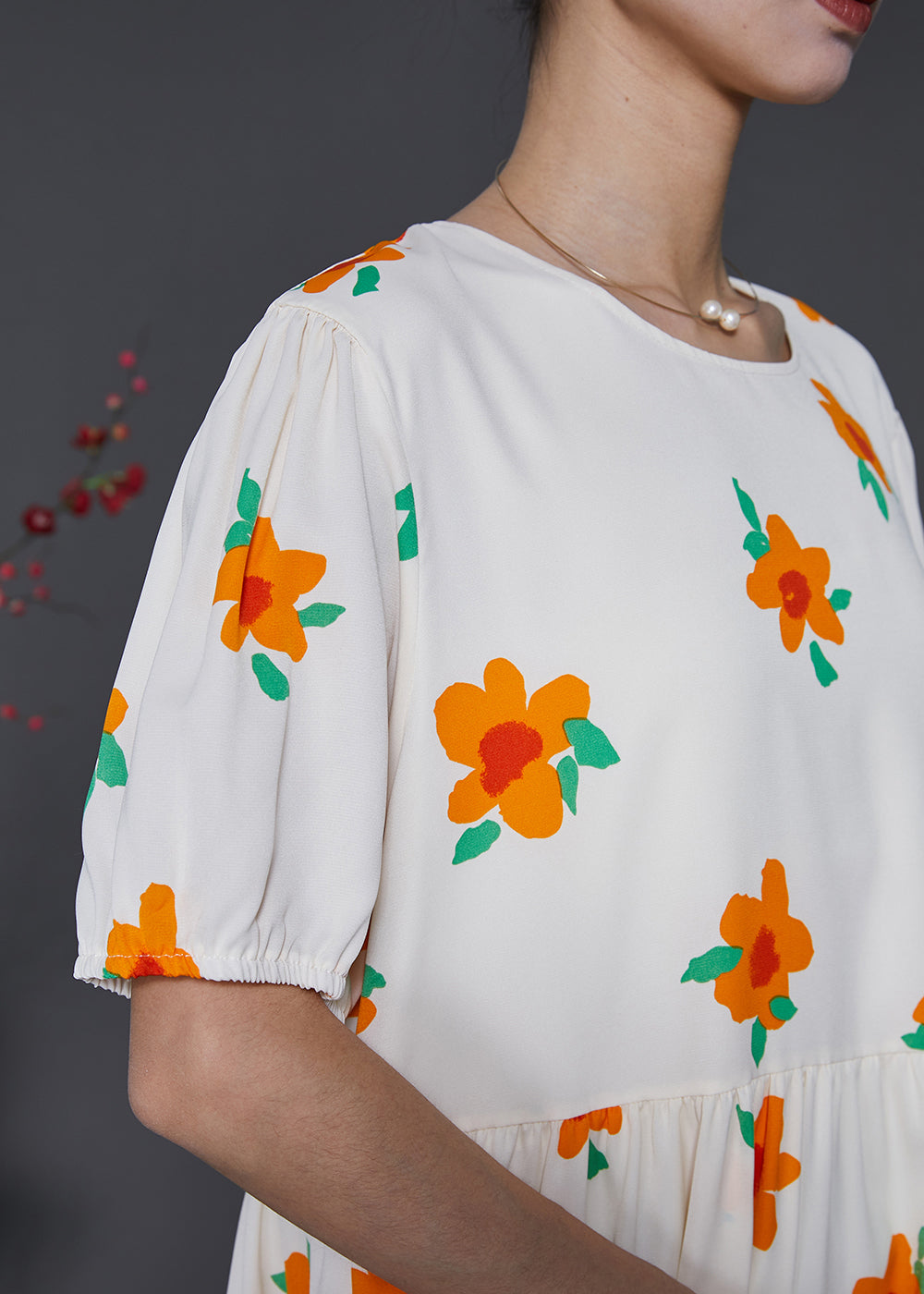French Apricot Floral Print Cotton Holiday Dress Summer SD1010