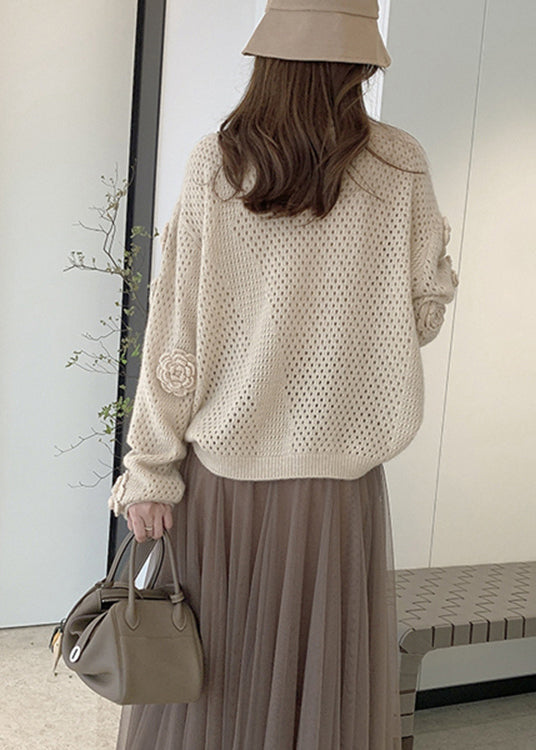 French Apricot O-Ausschnitt Aushöhlen Floral Strickpullover Herbst WE008