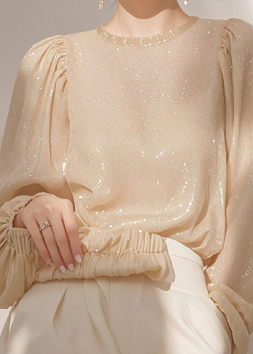 Chemise française à paillettes, col rond, hauts de printemps, abricot