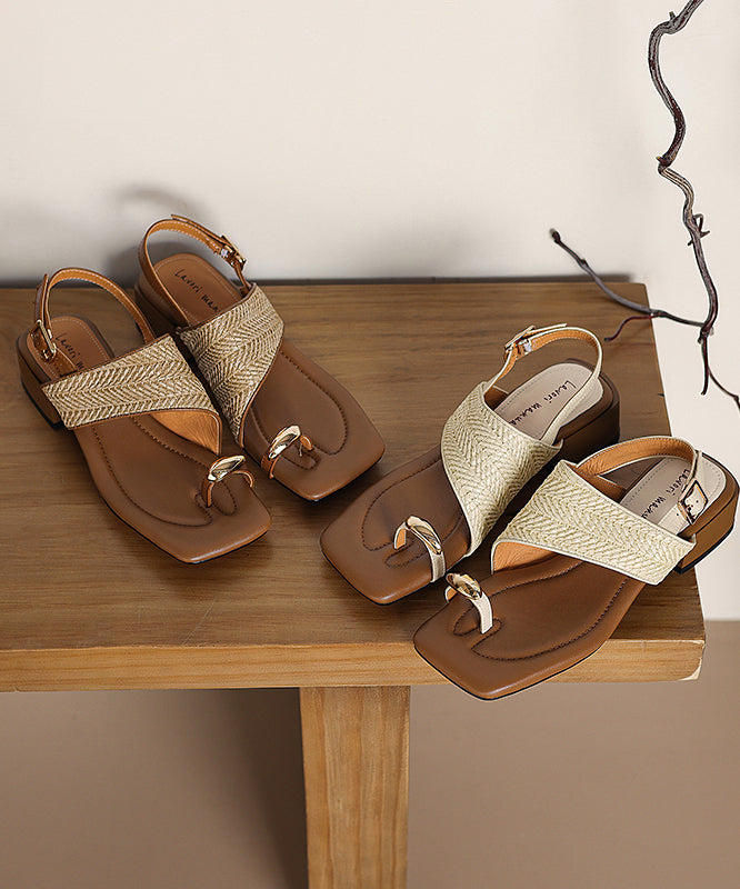 Französische Aprikosen-Flip-Flops aus Schaffell mit Spleißen und klobigem Absatz, Sandalen RI018