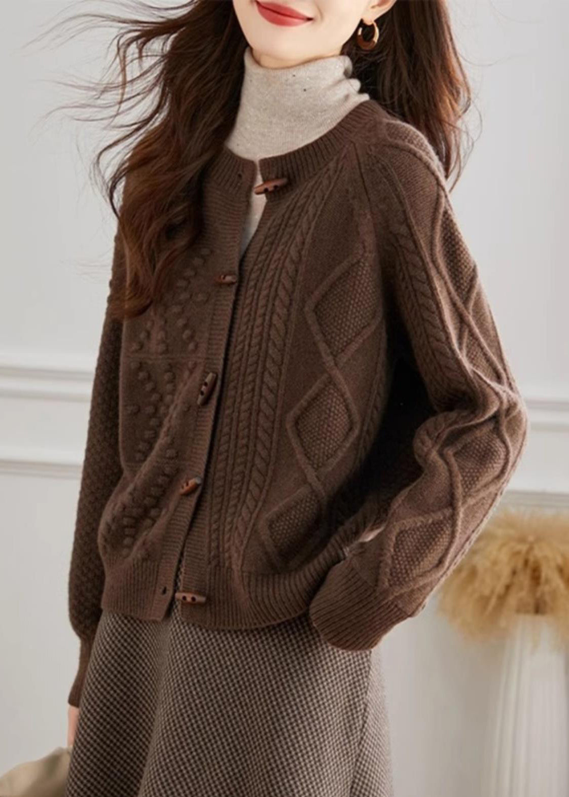 Französische beige O-Ausschnitt-Knopf-Strickjacke, gemütlich, Herbst, QI018