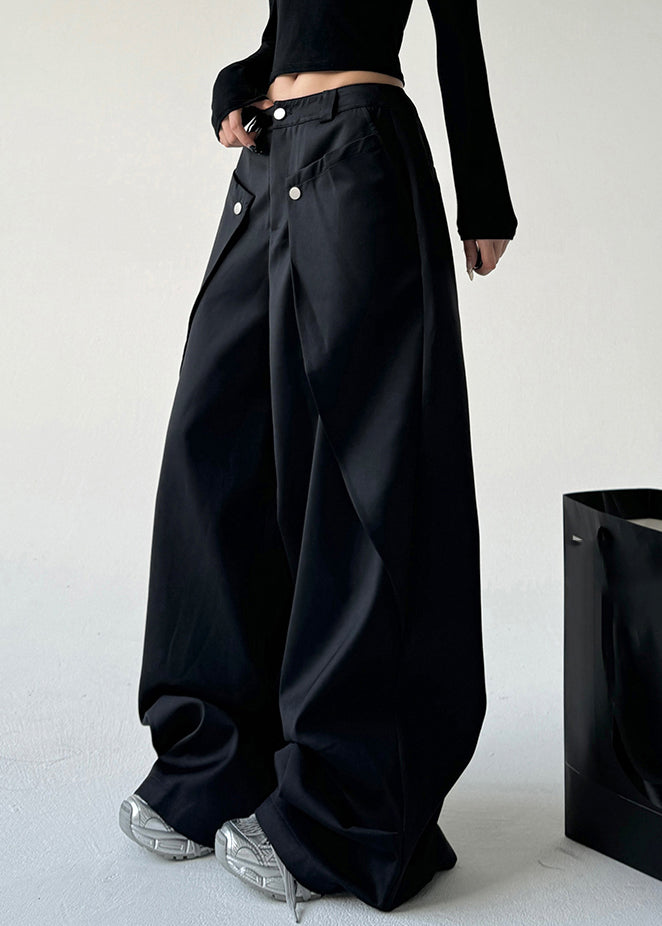 Pantalon droit drapé noir à poches asymétriques, printemps TA059