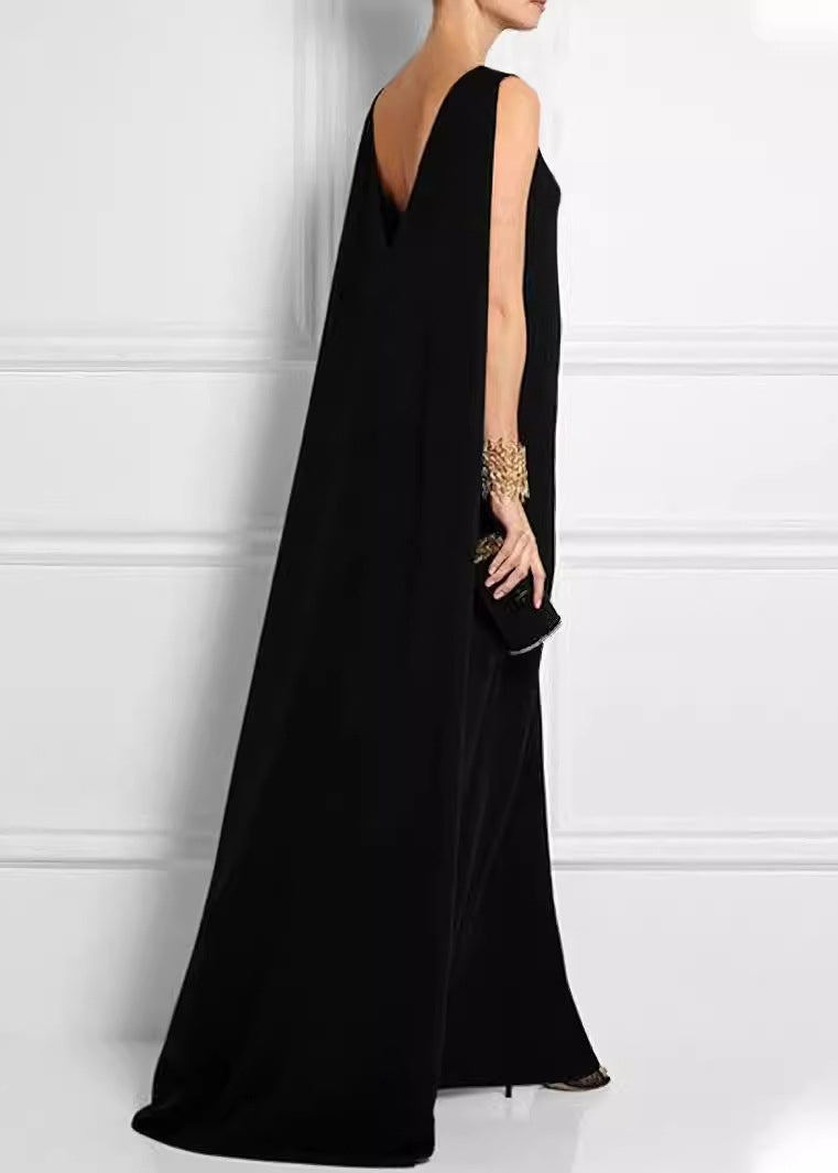 Robe noire française en coton sans manches, taille unie, cheville haute