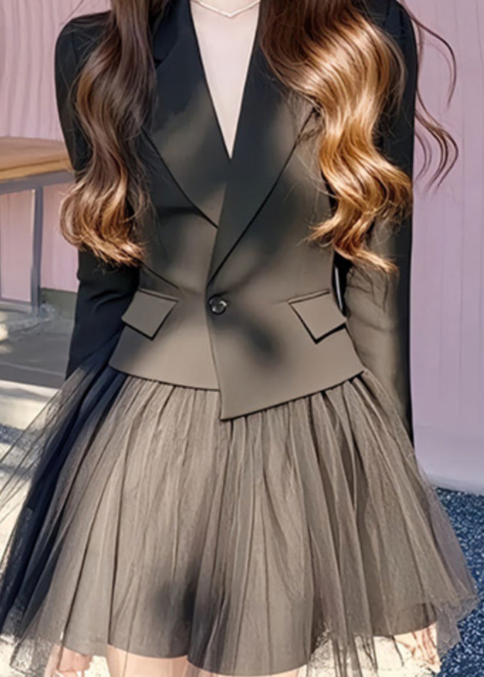 Schwarze französische und lange Röcke Mäntel gekerbten Tüll Set zwei Stück