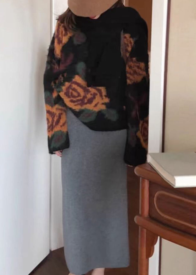 French Black O Neck Floral Jacquard Knit Sweater Tops Spring TN027