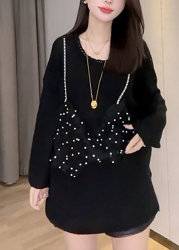 Französisches schwarzes O-Ausschnitt-Spitzen-Patchwork-gefälschtes zweiteiliges Strickoberteil Herbst WW040
