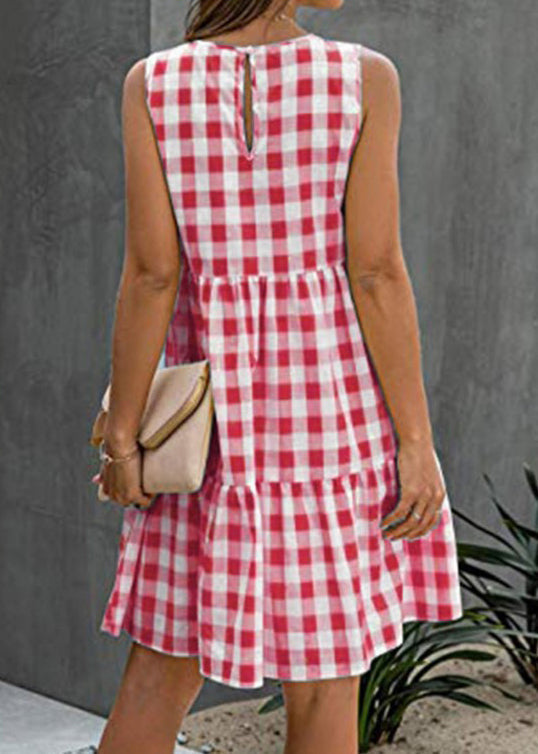 Pockets Black Dress Cotton Sleeveless Plaid French