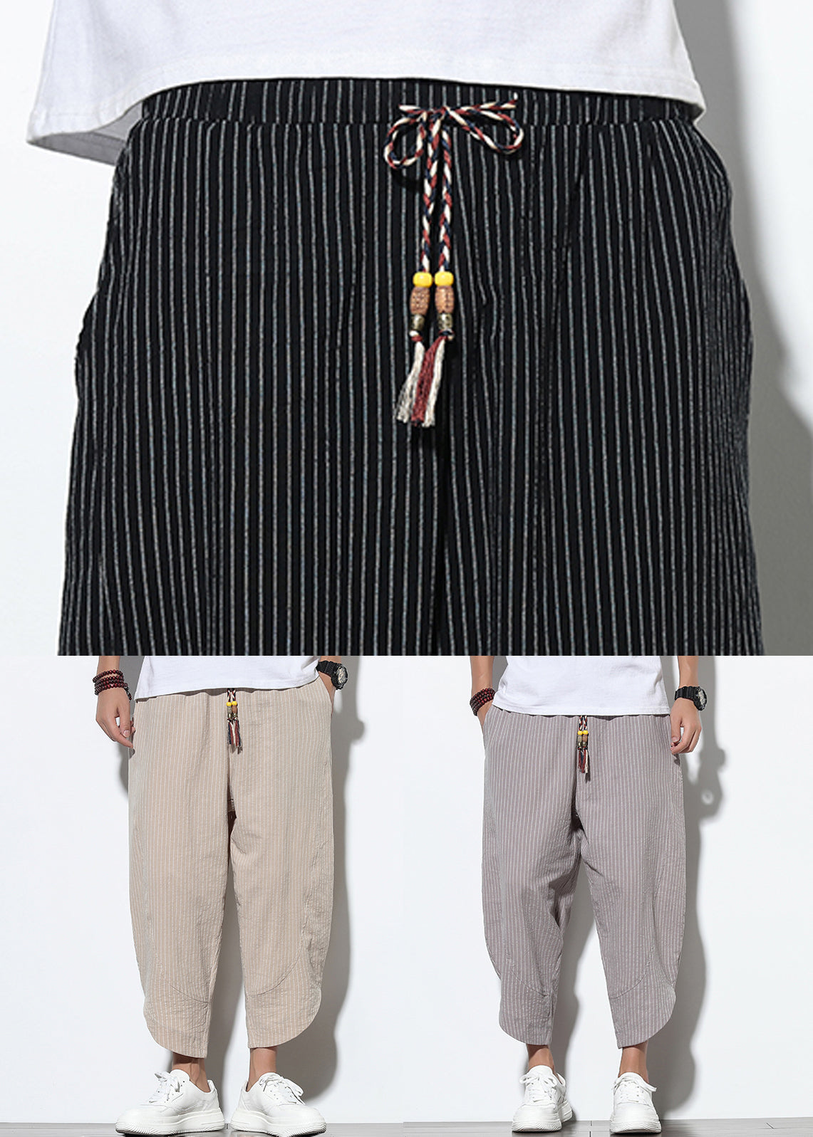 Waist Men Pants Pockets Harem French Elastic Cotton Black