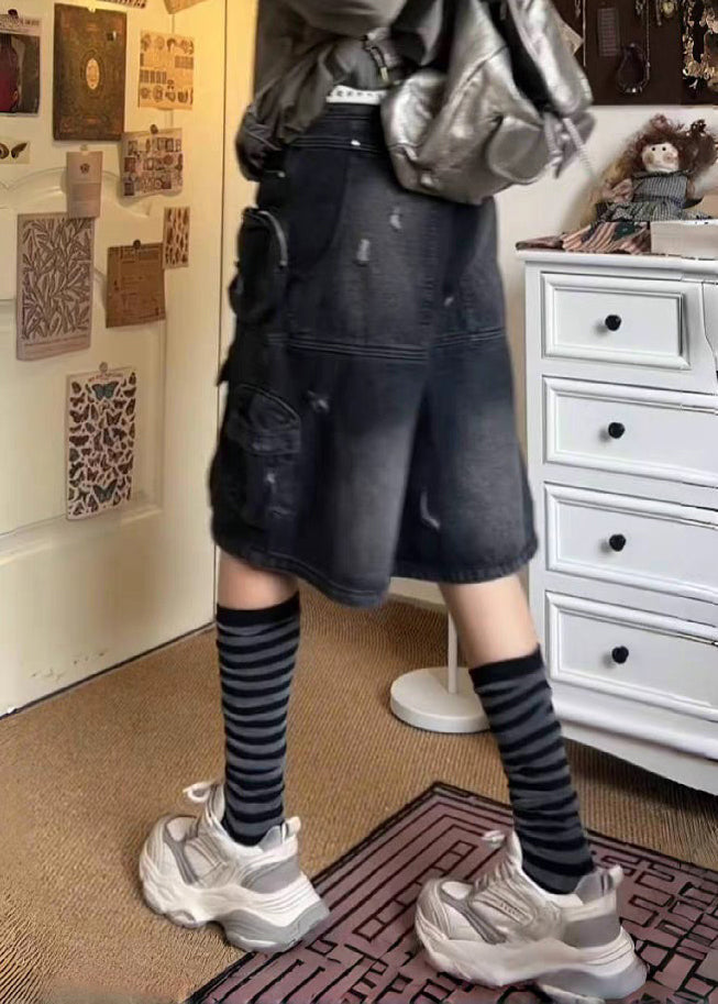 Französische schwarze Patchwork-Shorts mit Taschen, Sommer, QF058