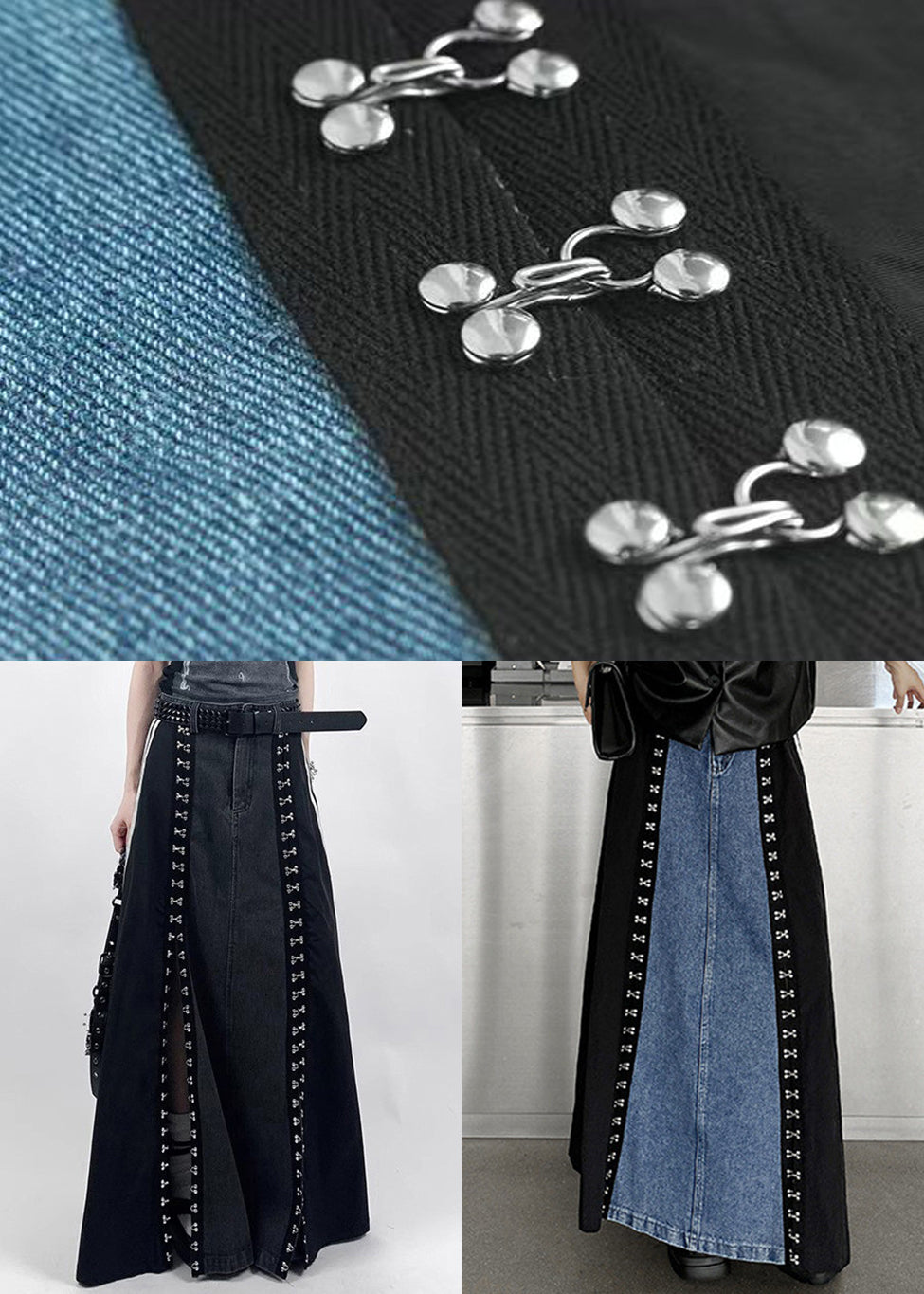 Französischer schwarzer Denim-Patchworkrock mit seitlichen Taschen, Frühling YJ008