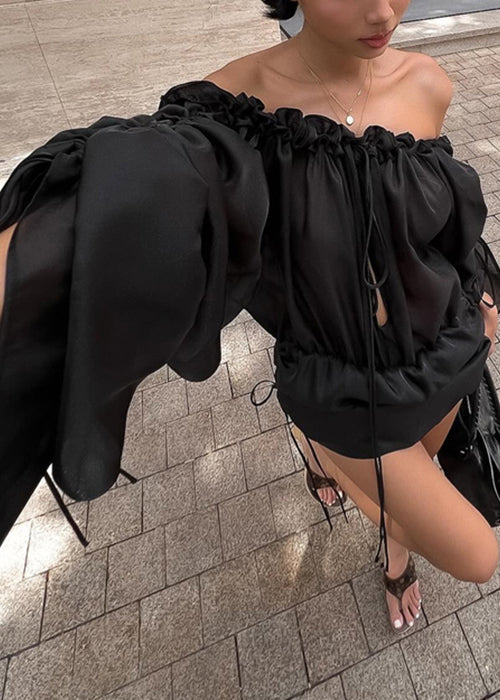 Robe mi-longue en soie noire à volants et lacets, printemps YZ050