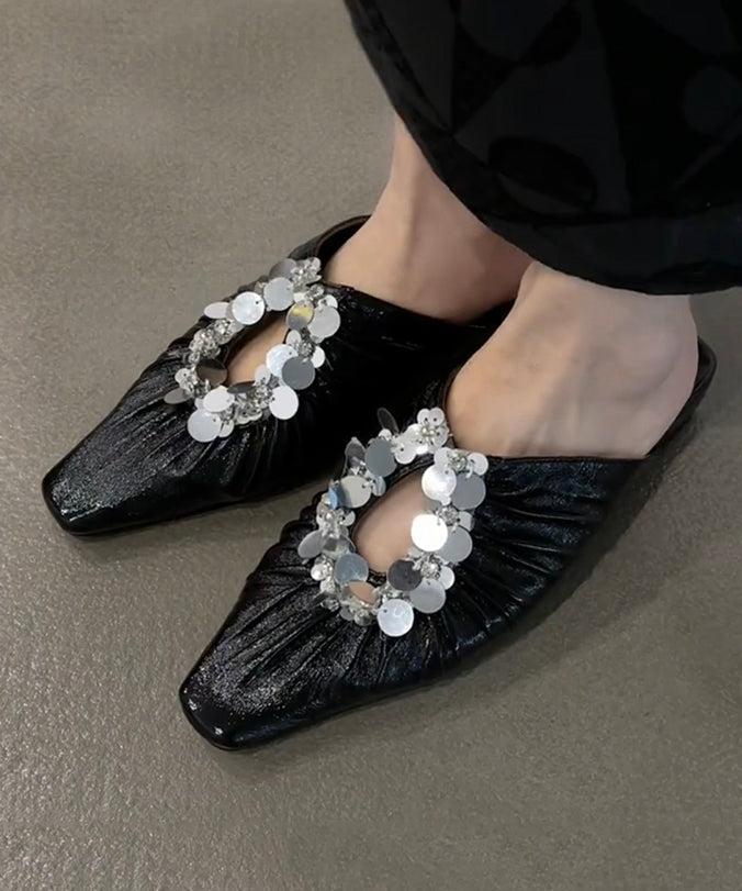 Slide Sandals Splicing Sequins Black French Wrinkled