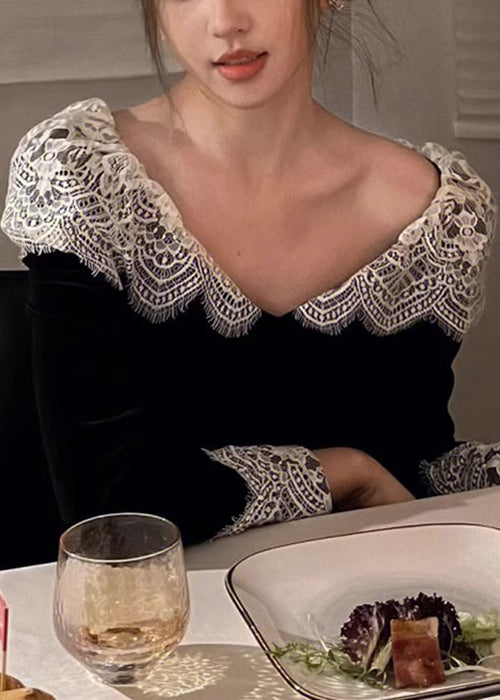 Robe en dentelle de soie à col en velours, printemps, patchwork en V français, noir