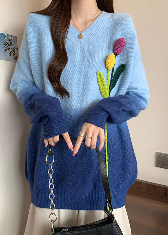 Pull tricoté bleu français à col en V et motif floral, dégradé, hiver RG037