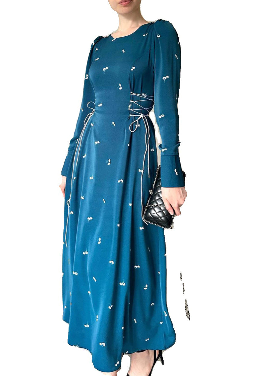 Französische blaue lange Baumwollkleider mit Schnürung im Herbst WO047