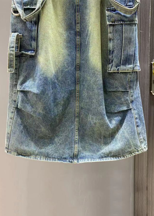 Combinaison en jean bleu français avec poches latérales ouvertes sans manches KK009