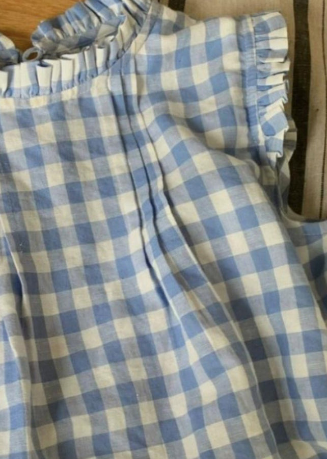 Haut ample en coton bleu français à volants et carreaux, été QK015