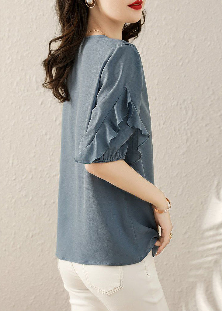 Französisches blaues Patchwork-Shirt mit V-Ausschnitt und Rüschen, kurzärmlig TR022