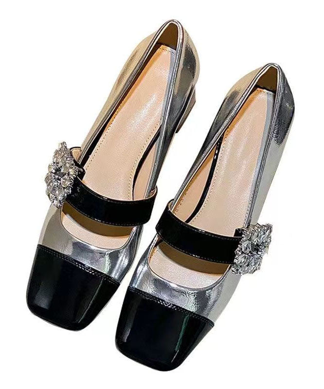 Französische Loafer-Schuhe mit klobigem Absatz und silberner Zirkonia-Verzierung DD1041