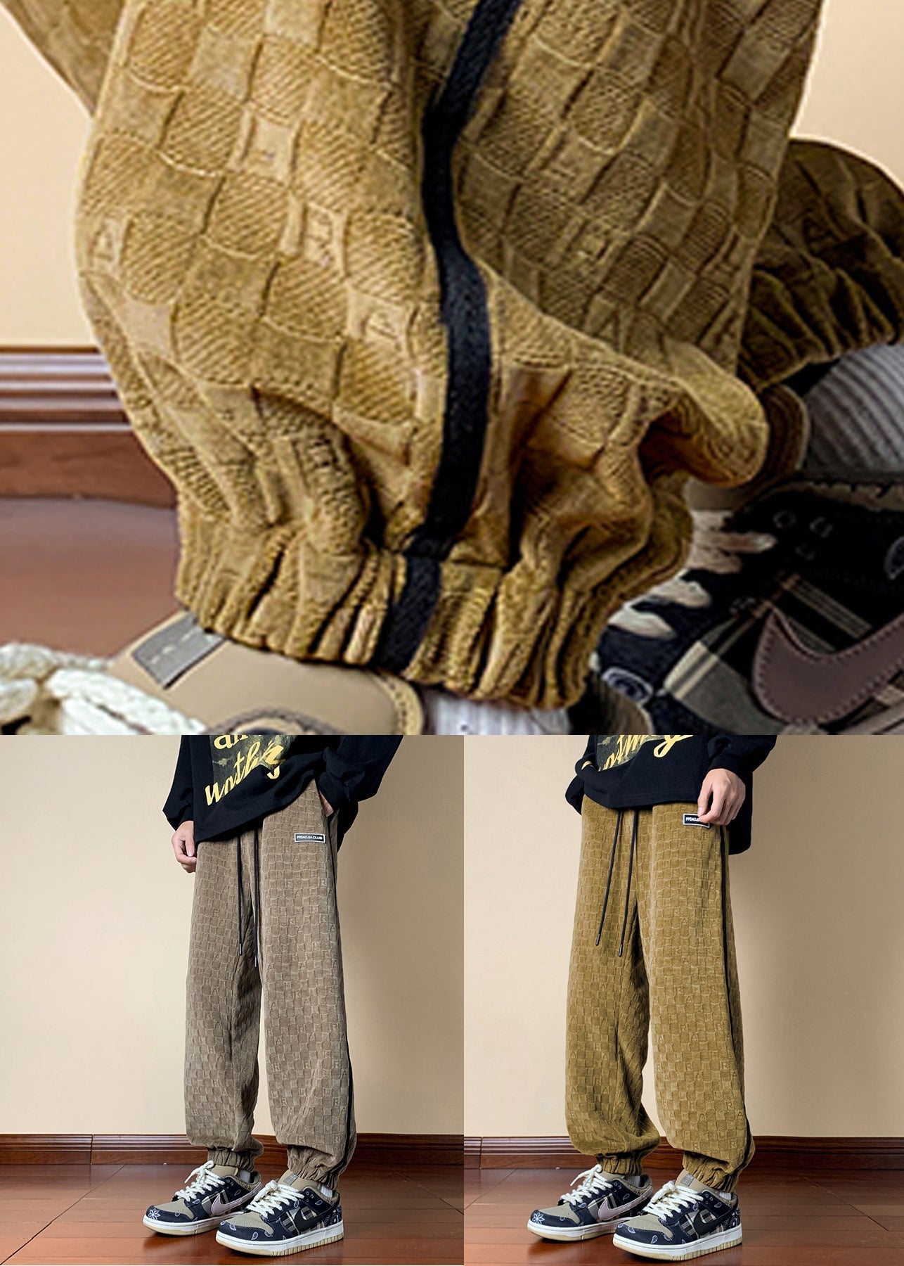 Französische dunkelkhaki karierte Herrenhose aus Baumwolle mit elastischer Taille, Herbst WA052