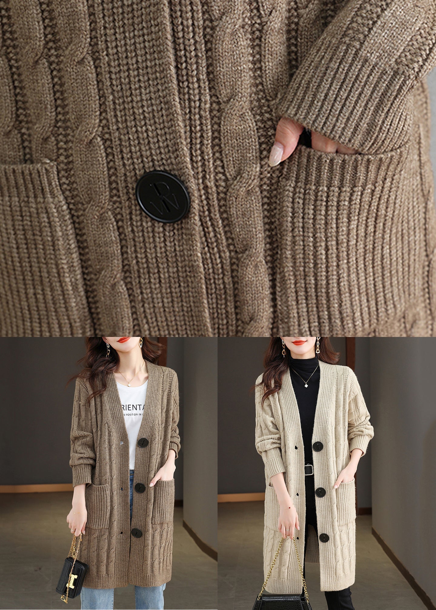 Französische Strickjacke aus Wolle mit V-Ausschnitt und Knöpfen in Dunkelkhaki, Herbst, QS013