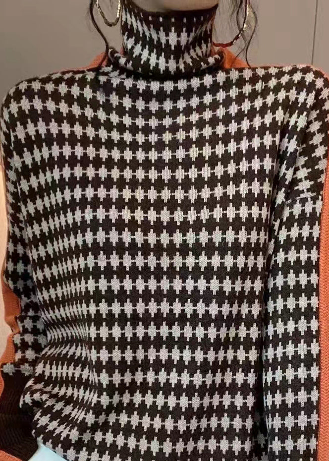 Manteau en tricot patchwork à carreaux vert français à col roulé, printemps TF041