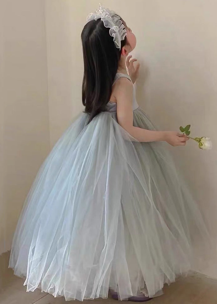 French Grey Backless Patchwork Tulle Girls Maxi Dress Sleeveless TT025