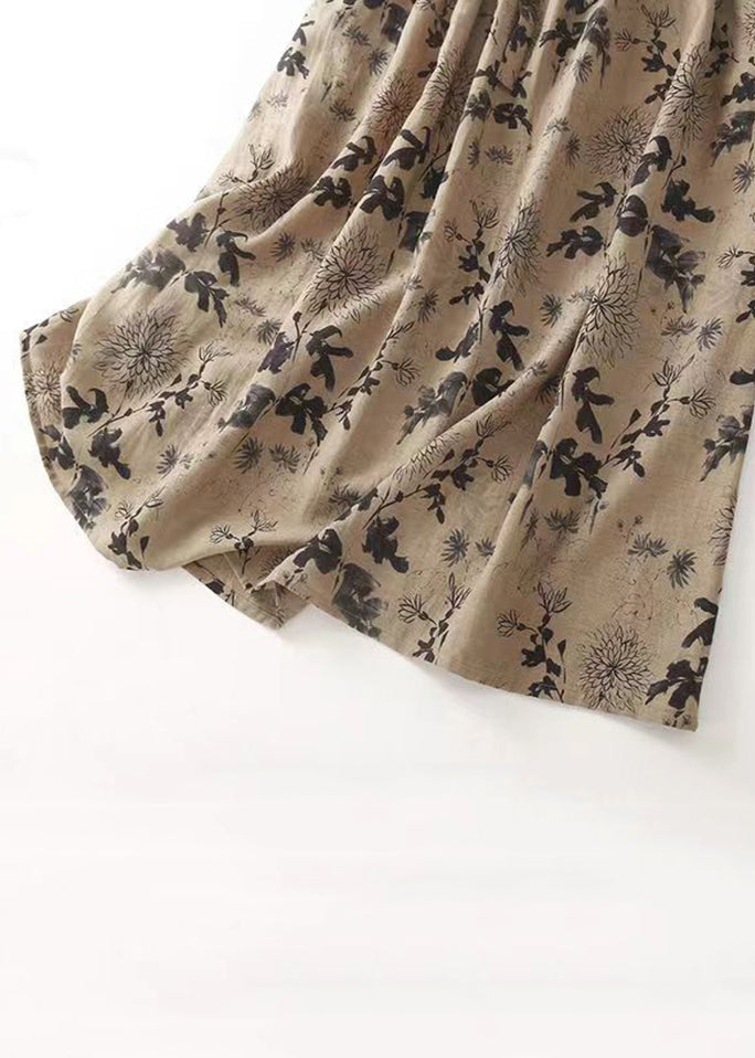 Französisches Khaki-O-Ausschnitt-Print-Krawatten-Baumwoll-Langkleid ärmellos GG005