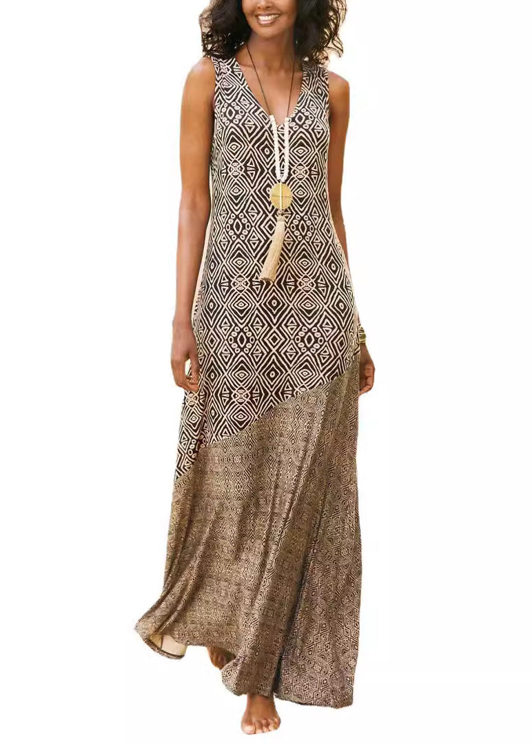 Französisches Khaki-Maxikleid aus Baumwolle mit V-Ausschnitt und Patchwork-Print, ärmellos TL018