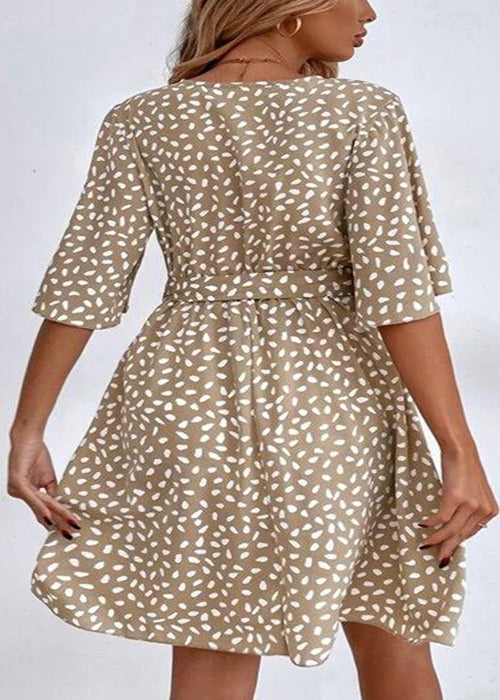 Französisches Khaki-Kleid mit V-Ausschnitt und Print, Taillenbund mit Bindegürtel, mittellanges Baumwollkleid, Sommerkleid FF095