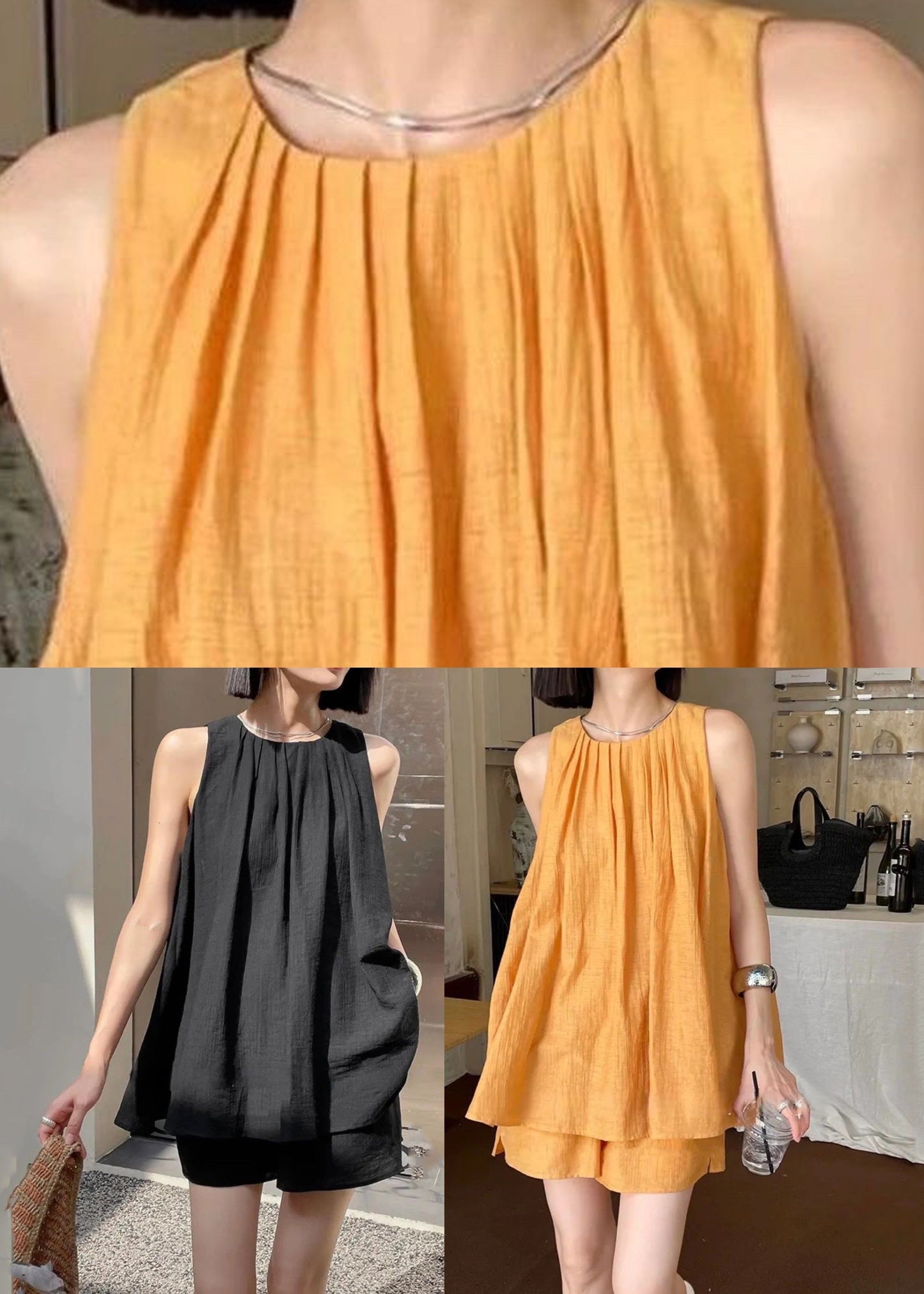 Ensemble deux pièces orange français à col rond et short d'été QB017