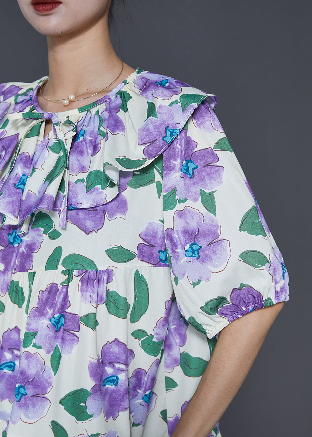 Französisches lila Peter Pan Kragen Blumen Baumwolle Maxi Kleider Sommer SD1030
