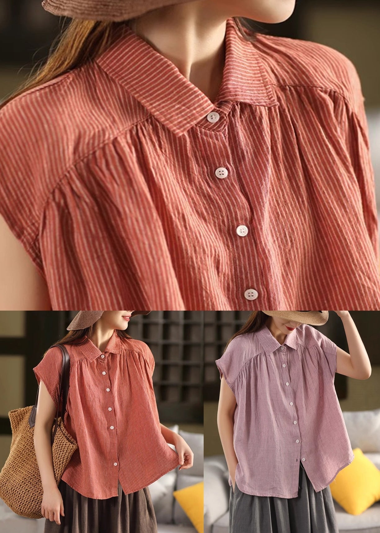 Purple Striped Linen Peter Pan Summer Collar French Blouses