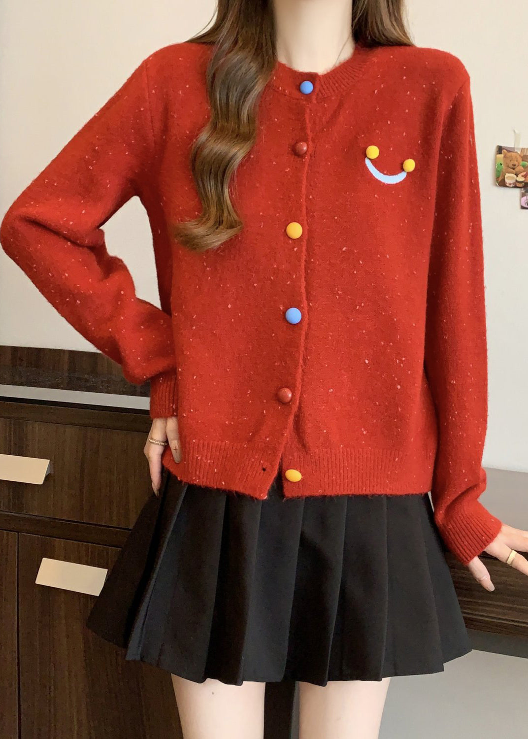 Französische rote O-Ausschnitt-Strickjacke mit Knopfleiste, Winter, RG020