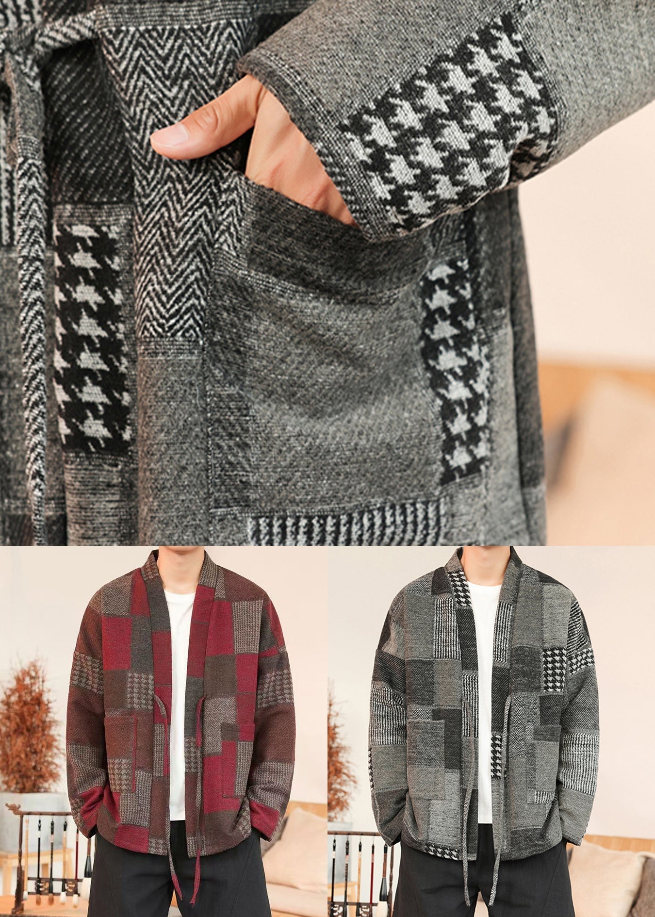 Manteau d'hiver en laine à lacets pour homme, motif écossais rouge français, RO030