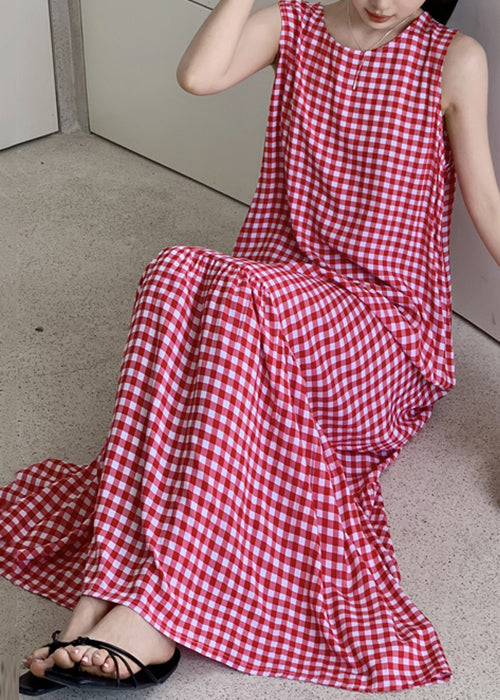 Robe froissée sans manches en coton à carreaux, maxi française rouge