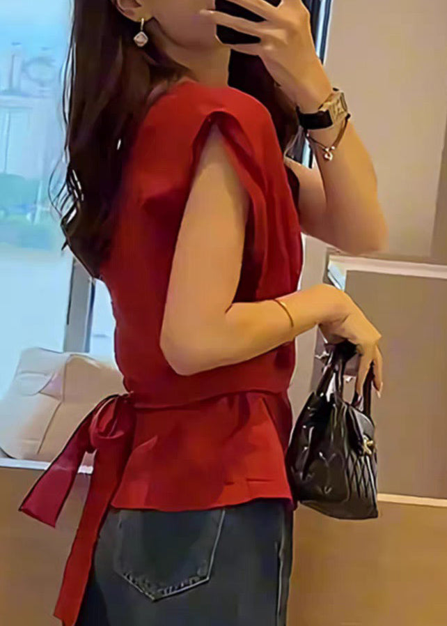 Waist Red Sleeveless Top Solid French Tie